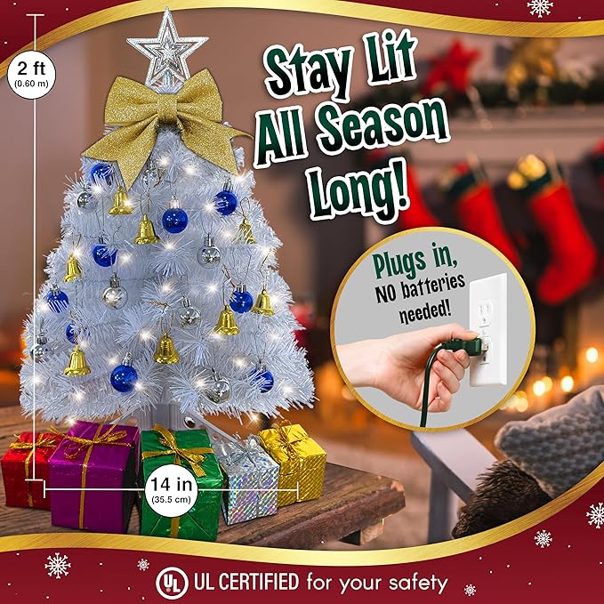 Small White Christmas Tree with Lights - 23 Inch Mini Tabletop Christmas Tree with Warm-White LED Lights, Hanging Ornaments, Decorative Bow and Gift Boxes - Table Tree for DIY Christmas Decoration