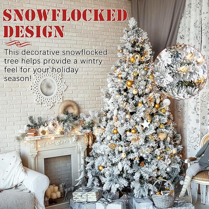 4FT Pre-Lit Snow Flocked Christmas Tree, Small Holiday Xmas Tree with 450 Branch Tips, 150 Warm Lights, Foldable Stand for Party Decoration