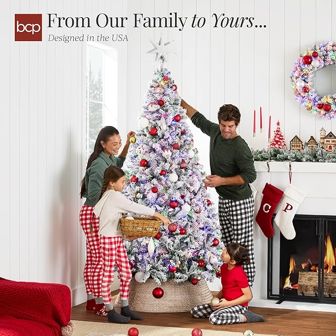 Best Choice Products Pre-Lit Artificial Christmas Tree 7.5ft Snow Flocked Pine Tree, 2-in-1 White and Multicolor LED Lights, Full Snowy Appearance