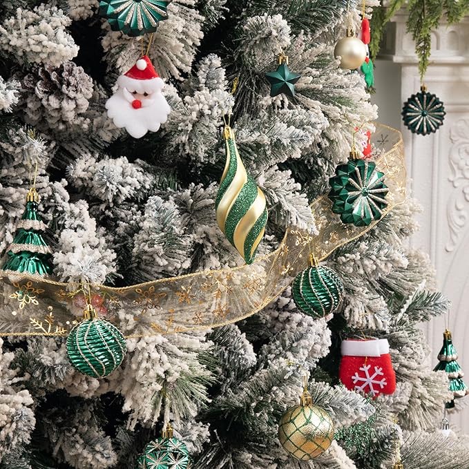 108 Pcs Christmas Ball Ornaments Set, Green and Gold Shatterproof Hand-Painted Hanging Bulbs Decoration for Xmas Tree, Wreath, Garland, Home Holiday Decor
