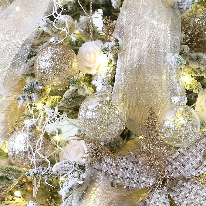 Sea Team Christmas Baubles Set Clear Plastic Shatterproof Multi-Size Decorative Christmas Baubles with Stuffed Delicate Decorations (25 Pieces, Champagne)