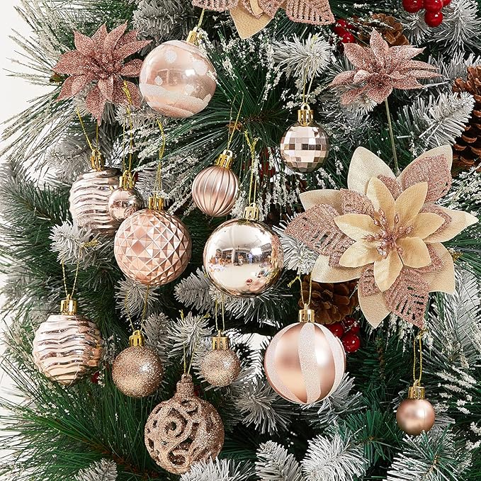 100Pcs Christmas Ball Ornaments Set, Assorted Shatterproof Christmas Tree Balls, Decorative Hanging Baubles Set for Holiday Weeding Party Home Decorations, Rose Gold