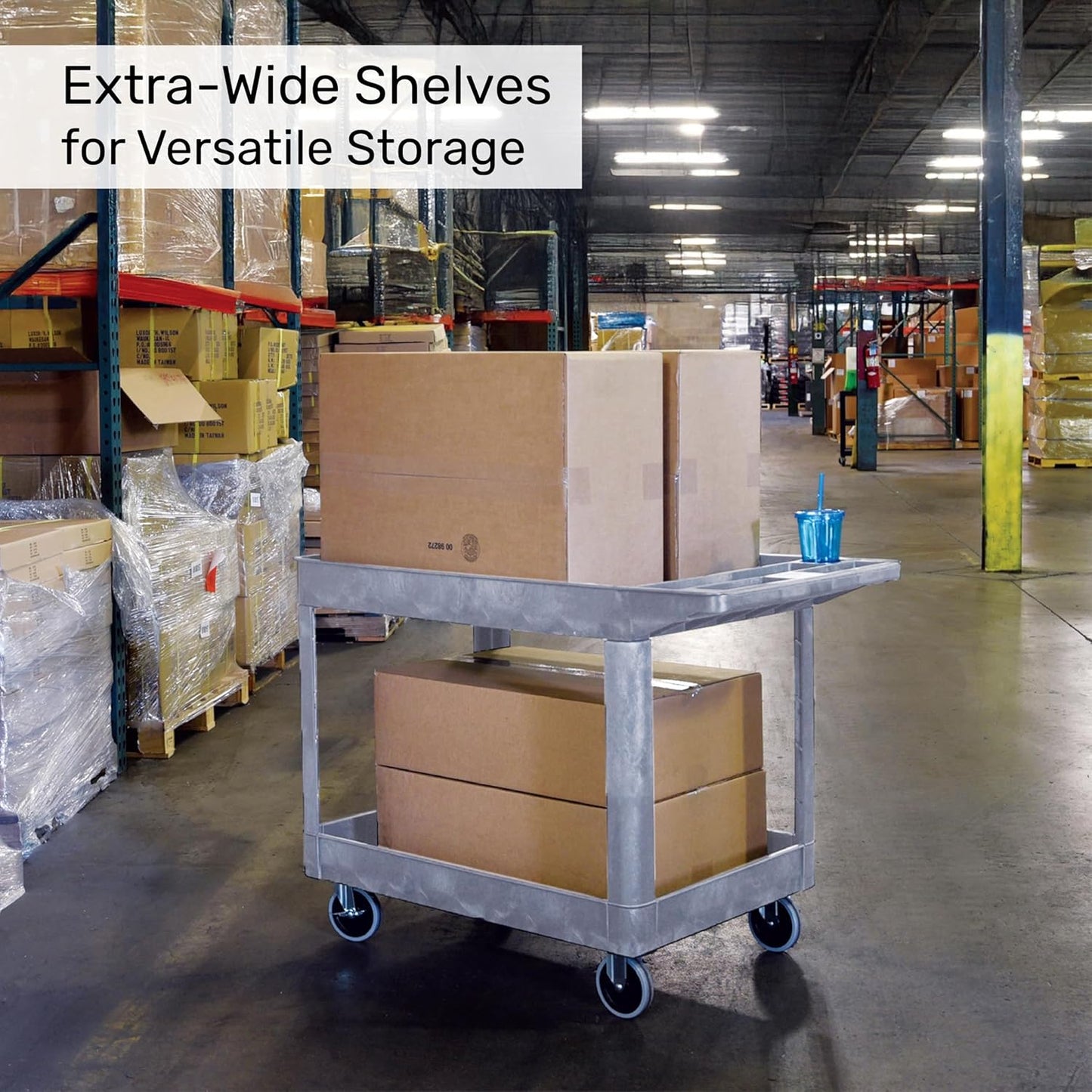 Tubstr Extra Large Two-Shelf Utility Cart with Wheels | 500 lb. Capacity Rolling Utility & Tool Cart for Warehouses, Industrial Settings, Auto Garages, & More (Gray, 45.5 x 24.5)