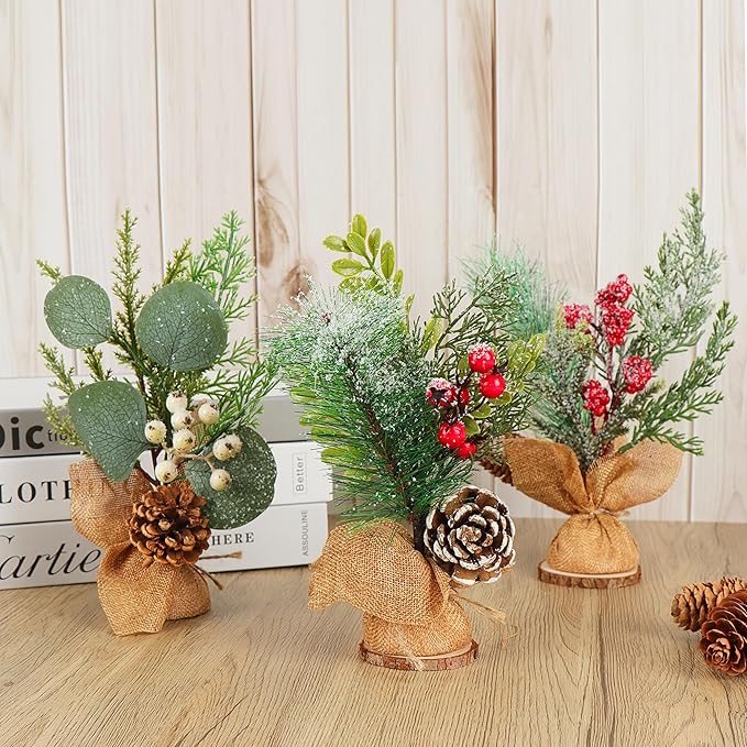 6 PCS Rustic Mini Christmas Tree Tabletop Set, Mixed Green Leaves, Red Berries and Pine Cones, 9 inch Artificial Trees with Burlap Bases, Ideal for Holiday Home Office Table Centerpiece