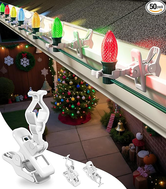 C7 C9 Christmas Lights Clips, 50 Count Holiday Lights Quick Spring Clips, Shatterproof Shingle and Gutter Clips for E12, E17 Socket, Rope Lights Roofline Fence Railing Mantel Christmas Trees, White