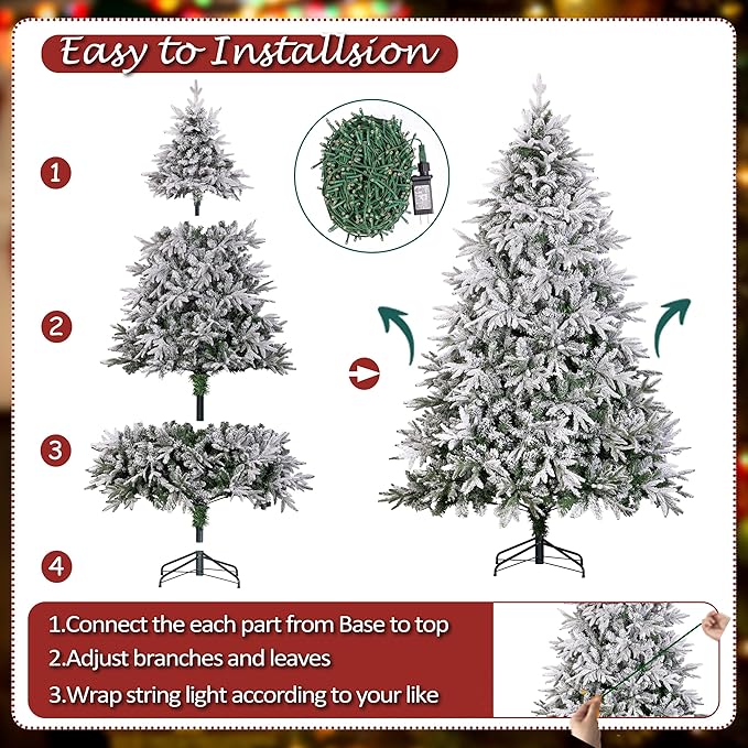 Sunnyglade 6ft Artificial Snow Flocked Christmas Tree with 400 LED Lights (Not pre-lit), Xmas Tree Full Tree with 800 Branch Tips & 11 Modes Light, RGB & Warm White Light, Foldable Stand for Home