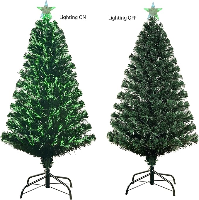 5FT Pre-lit Fiber Optic Christmas Tree with Lighted Star, PVC & Iron Construction, Green Artificial Christmas Tree with 195 Branch, Indoor Christmas Decorations, Holiday Home Xmas Decoration