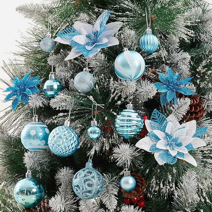 100PCS Christmas Ball Ornaments, Assorted Shatterproof Christmas Tree Decorations, Seasonal Decorative Hanging Baubles Decor Set for Xmas/Holiday/Party, Glitter&Painting Ornament Set (Light Blue)