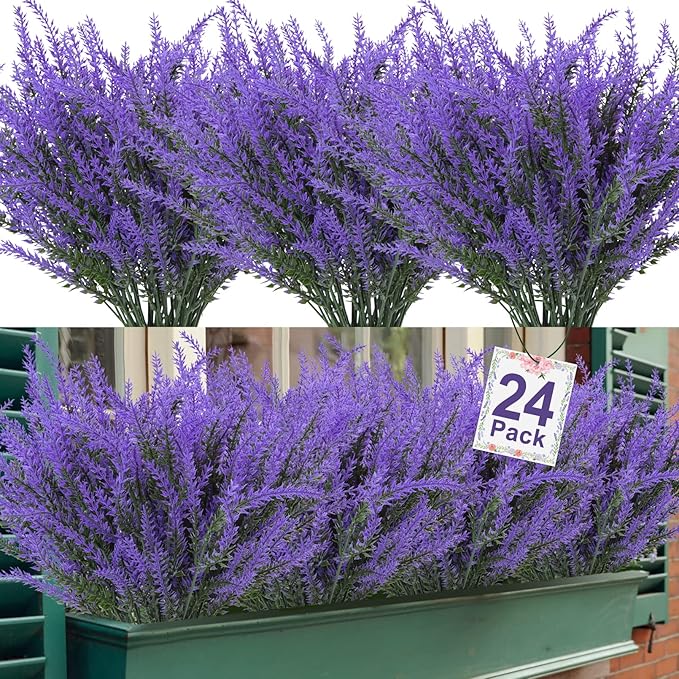 Ouddy Decor 24 Bundles Artificial Lavender Fake Flowers Faux Plastic Plants for Home Wedding Kitchen Garden Patio Window Box Office Table Centerpieces Indoor Outdoor Decor, Purple