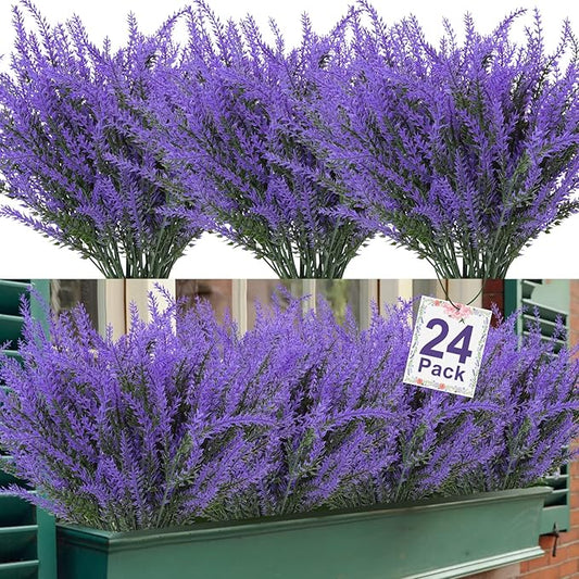 Ouddy Decor 24 Bundles Artificial Lavender Fake Flowers Faux Plastic Plants for Home Wedding Kitchen Garden Patio Window Box Office Table Centerpieces Indoor Outdoor Decor, Purple