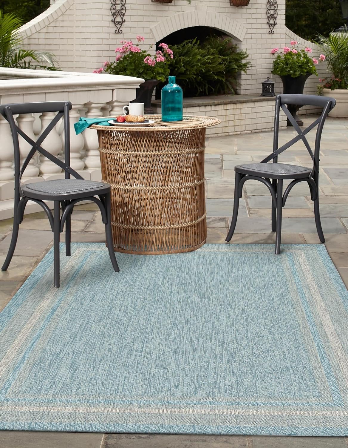 Unique Loom Outdoor Border Collection Area Rug - Soft Border (8' x 11' 4" Rectangle, Aquamarine/ Ivory)