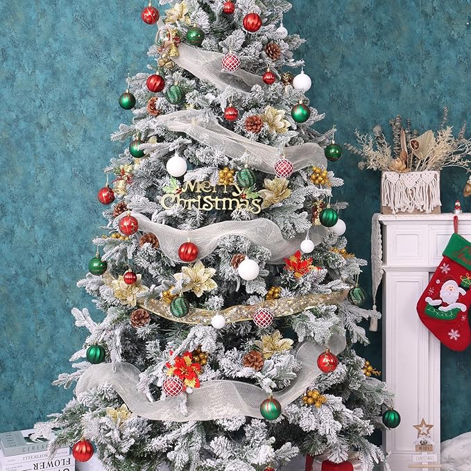 100PCS Red Green White Christmas Ornaments Set, Shatterproof Christmas Ball Ornaments Bulk, Assorted Decorations Baubles Hanging Ornaments for Christmas Trees Holiday Party Decor (Red & Green & White)