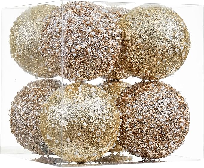 8CT Christmas Ball Ornaments, Champagne Christmas Ball Decorations Shatterproof Plastic Hanging Pearl Balls for Holiday Party(90mm/3.54")