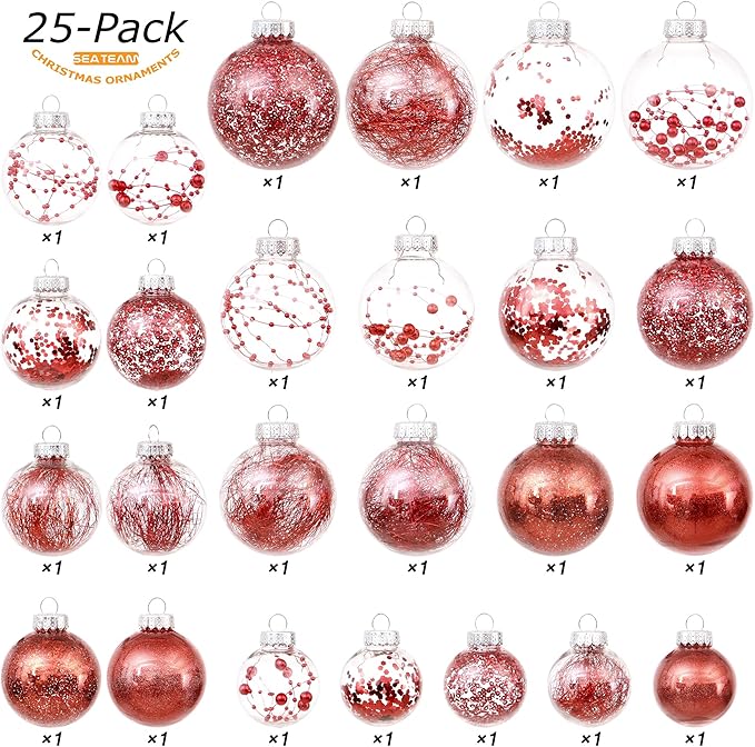 Sea Team Multi-Size Shatterproof Clear Plastic Christmas Tree Ball Ornaments Set, Decorative Hanging Transparent Xmas Baubles with Stuffed Delicate Decorations (25 Counts, Red)