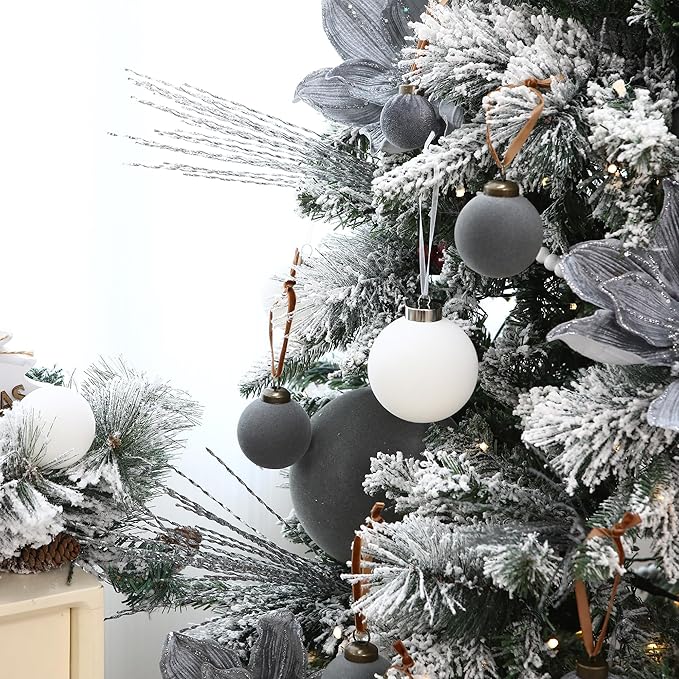 Sea Team 16-Pack Flocked Velvet Christmas Tree Ball Ornaments Set, Hanging Velour Baubles, Shatterproof Plastic Decorations for Xmas Tree, Wreath, Garland, 80mm/3.15 Inches, White