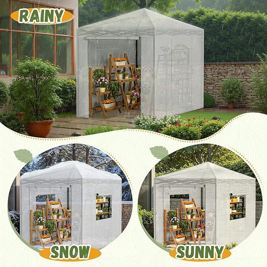 Devoko 8x6 FT Walk-in Greenhouse, Instant Pop Up Green House for Outdoors with PE Cover, Zippered Door and 2 Roll-up Windows, Portable and Easy Assemble (White)
