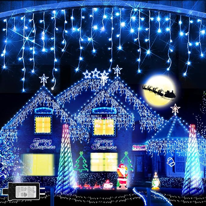 JXLEDAYY 65 FT 640 LED Christmas Lights Outdoor Decorations Clear Wire String Lights Plug in 120 Drops 8 Modes Memory Timer Connectable Curtain Fairy Lights Waterproof for Holiday Wedding Party-Blue