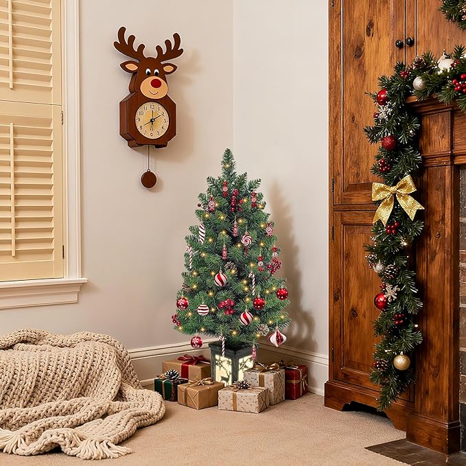 3ft Prelit Christmas Tree with 78 Warm Lights & Red Berry & Pine Cone, Mini Christmas Tree with Vintage Elk Light Potted Base, Tabletop Small Xmas Tree Decor for Porch,Home,Office,Indoor