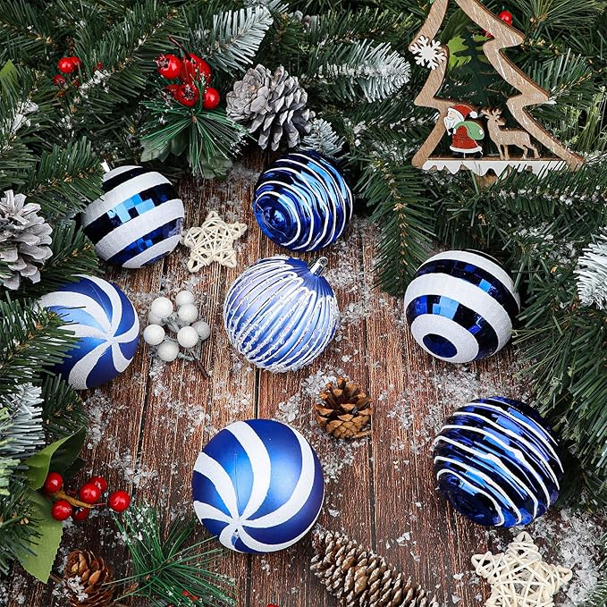 SHareconn 80mm Christmas Balls Ornaments,12PCS Colored Shatterproof Plastic Decorative Hanging Tree Decorations Baubles Set for Xmas Tree Decor Holiday Party Wedding Decoration with Lanyard,Blue&White