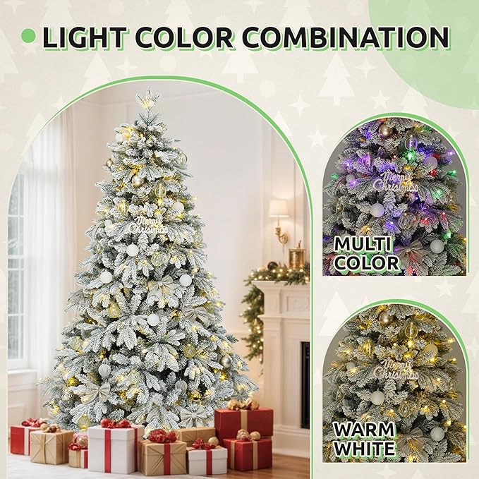 GOOBED 6 FT Pre-Lit Snow Flocked Christmas Tree with Remote, Artificial Hinged Canaan Fir Christmas Tree with 1225 Branch Tips, 260 Lights for Home Office, Holiday Decor, White Flocked