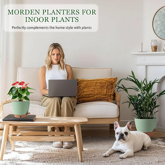 Self Watering Pots for Inoor Ourdoor Plants 10/9/8/7/6.5 Inch Plastic Planters with Drainage Holes & Water Level Indicator, Decorative House Flower Nursery Planting Pots with Saucers (Green)