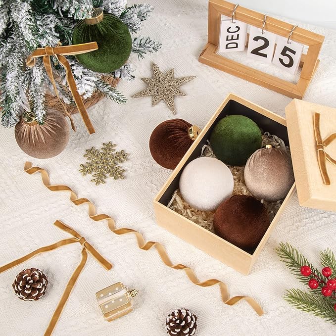 24 Pack Velvet Christmas Ornaments Set, 3.15 Inch Large Neutral Christmas Ball Ornaments Shatterproof Flocked Hanging Balls with Velvet Bows for Xmas Tree Garland Wreath Holiday Home Decor