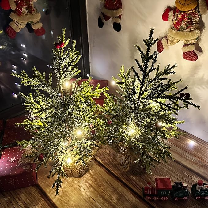 Set of 2 Mini Christmas Tree, 12 in Pre-lit Tabletop Xmas Decorations with 8 Warm LED Lights, Battery Operated with Timer, Burlap Base Artificial Pine Tree for Indoor Desk Office Dorm