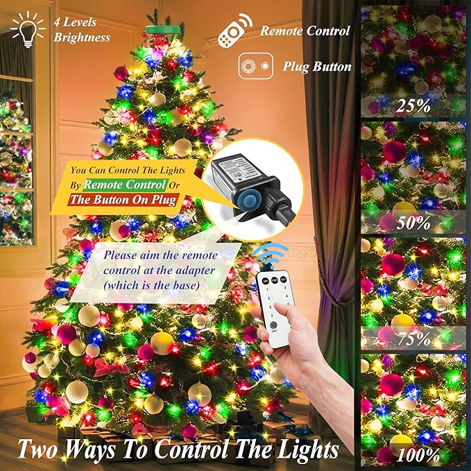 aneeway Christmas Tree Lights String, 480LED Christmas Lights for Tree with 8 Light Modes & Memory Function, 9.84FT x 16 String Light with Timing & Remote Control for Xmas Ornament - Multicolor
