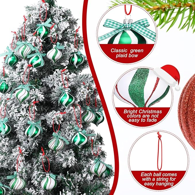 Syhood 24 Pcs Christmas Tree Ornaments, Christmas Ball Decorations Set, Shatterproof Baubles Xmas Tree Hanging Decor, Peppermint Candy Ball Red White Green Stripes Party Holiday(Cute,2.36 Inches)