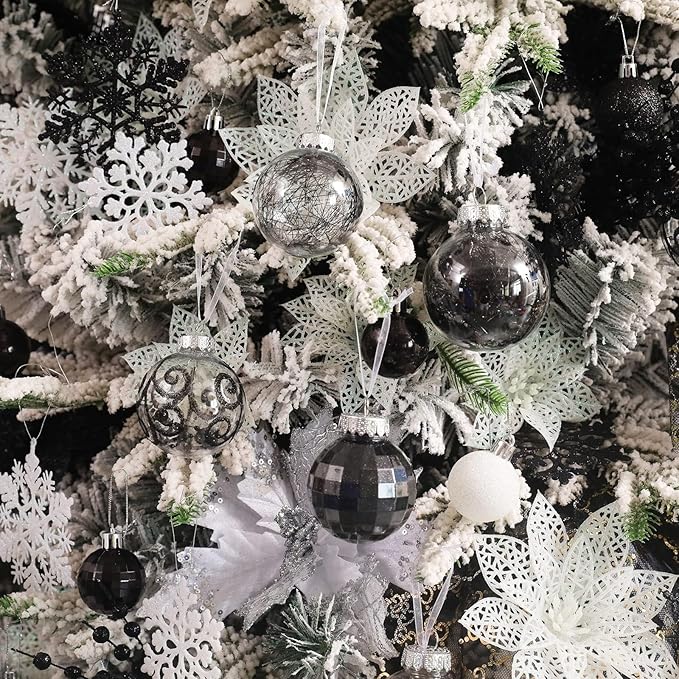 Wironlst Christmas Ball Ornaments Shatterproof Clear Large Plastic Hanging Ball Decorative Baubles Set with Stuffed Delicate Decorations (Multi-Size, Black)