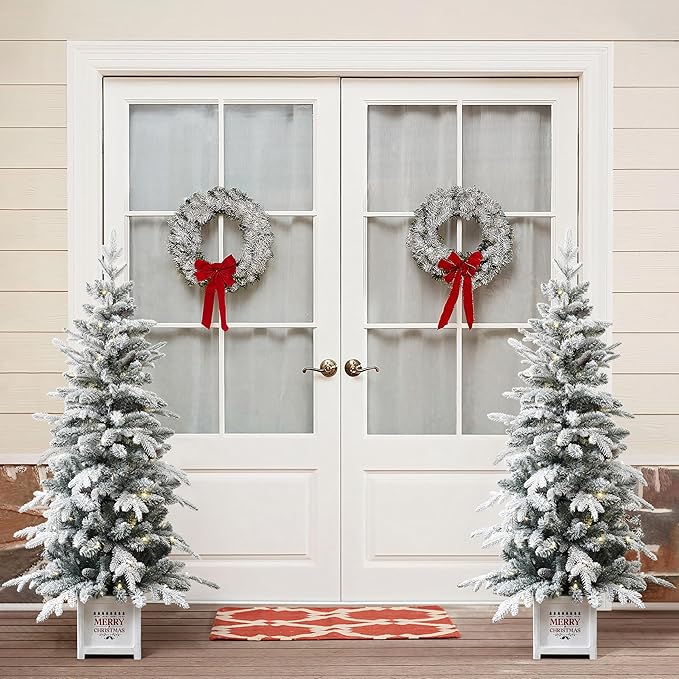 LuxenHome 5FT Potted Flocked Christmas Tree, Small Christmas Tree Prelit with 100 Warm LED Lights and Pine Cones, Lighted Pencil Artificial Christmas Trees with Square Planter Pot for Indoor, Outdoor