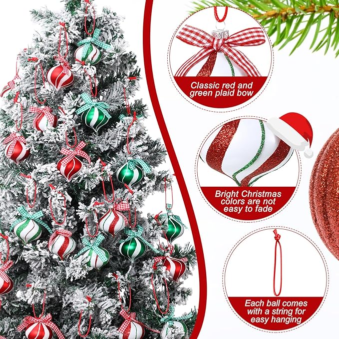 Syhood 24 Pcs Christmas Tree Ornaments, Christmas Ball Decorations Set, Shatterproof Baubles Xmas Tree Hanging Decor, Peppermint Candy Ball Red White Green Stripes Party Holiday(Bright,2.36 Inches)