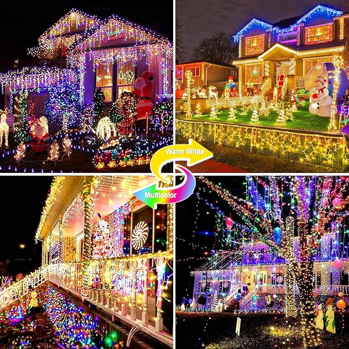 328 FT 720 LED Christmas Lights Outdoor Fairy Lights Plug In Color Changing String Lights Waterproof 11 Modes Timer for Outside House Tree Garden Wedding Party Decorations-Warm White to Multicolored