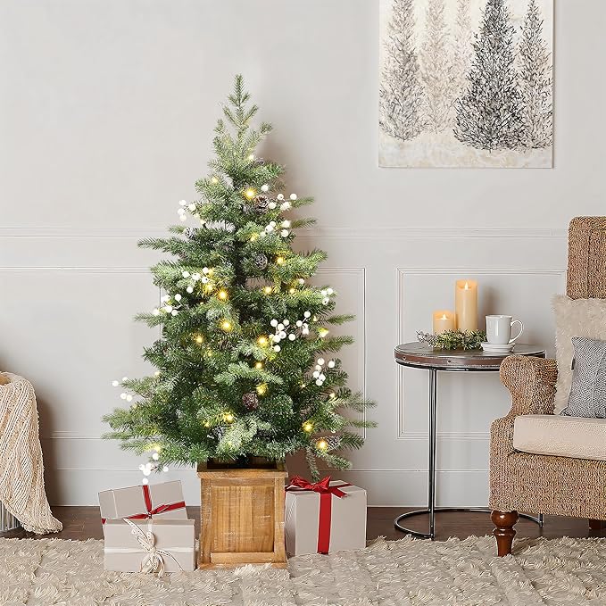 LuxenHome 4FT Potted Flocked Christmas Tree, Small Christmas Tree Prelit with 70 Warm White LED Lights, Berries and Pine Cones, Lighted Pencil Artificial Christmas Trees with Planter Indoor & Outdoor