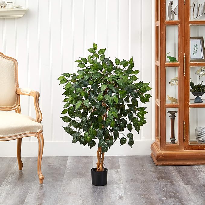 Nearly Natural 3ft Triple Trunk Artificial Ficus Tree with Natural Wood Trunks, Fake Tree for Indoor Home Decor, Faux Ficus Tree with Black Nursery Pot