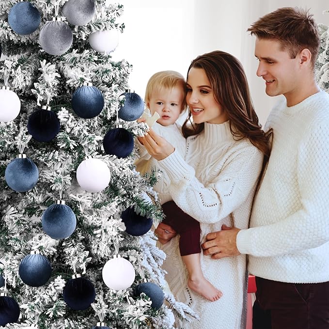 Velvet Christmas Ornaments Balls for Tree - 15pcs Blue Shatterproof Christmas Ornaments for Xmas Decorations - Multicolor Royal Dusty Blue, 80mm 3.15inch