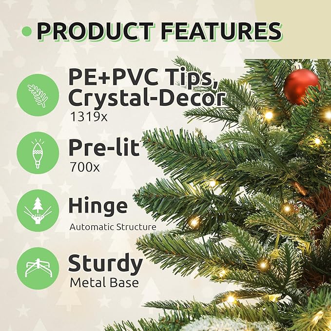 GOOBED Prelit Aspen Fir Christmas Tree 7.5ft with Remote Control, Pre-lit Hinged Xmas Tree with Glittering Diamond Tips, Holiday Decor for Holidays, Parties, Green