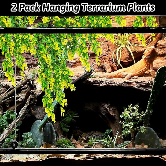 Hamiledyi 6 PCS Reptile Plants Hanging Terrarium Plants Artificial Leaves Habitat Decorations with Suction Cup Green and Yellow Fake Amphibian Plants for Bearded Dragon Lizard Geckos Chameleon