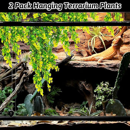 Hamiledyi 6 PCS Reptile Plants Hanging Terrarium Plants Artificial Leaves Habitat Decorations with Suction Cup Green and Yellow Fake Amphibian Plants for Bearded Dragon Lizard Geckos Chameleon