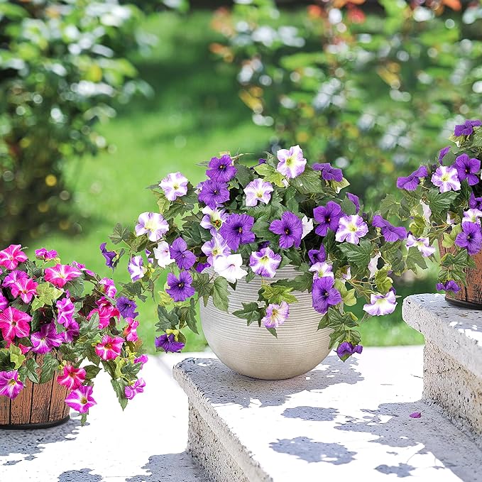Artificial Fake Flowers Plants for Outdoor Decoration, 2PCS Faux Petunias Silk Flower UV Resistant No Fade for Home Outside Garden Balcony Yard Porch Realistic Indoor Decor (Purple White)
