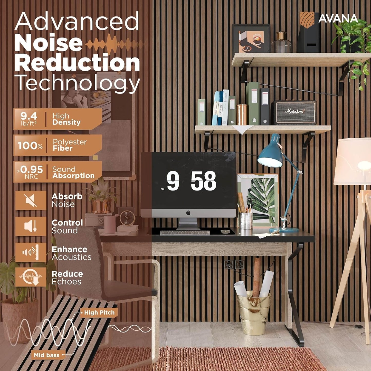 Avana Acoustic Wood Wall Panels – 94.4 x 12.6 Inch Smoke Walnut Acoustic Panels 4 PCs – Wall Panels For Interior Wall Decor For Homes, Offices, Studios – Pleasing Wood Panels For Wall