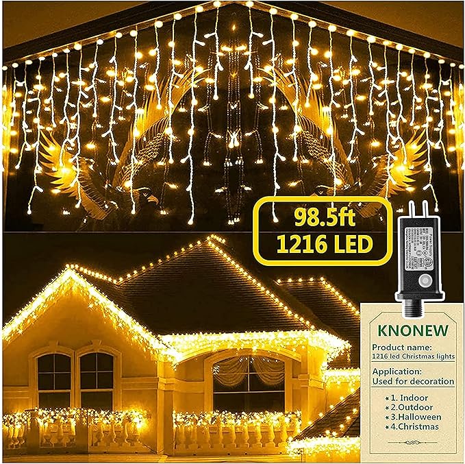 KNONEW 99ft 1216 LED Christmas Lights Outdoor Decorations with 228 Drops, 8 Modes Curtain Fairy String Light, Clear Wire LED String Light Indoor Decor for Wedding Party Christmas