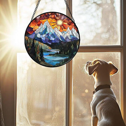Stained Glass Window Hanging - Colorful Mountain Lake Landscape Sun Catcher for Door Garden Home Decor Suncatcher Christmas Mother's Day Birthday Gifts for Women Men Mom Nana 11.8 in