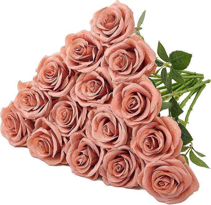 15pcs Fake Roses Light Dusty Rose Artificial Silk Flowers Faux Rose Flower Long Stems Bouquet for Arrangement Wedding Centerpiece Party Home Kitchen Decor