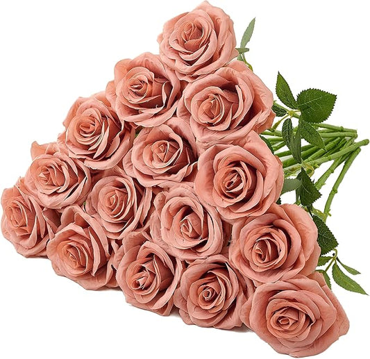 15pcs Fake Roses Light Dusty Rose Artificial Silk Flowers Faux Rose Flower Long Stems Bouquet for Arrangement Wedding Centerpiece Party Home Kitchen Decor