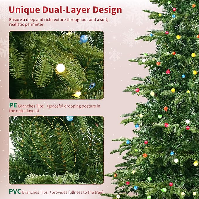 6ft Prelit Christmas Tree, Aspen Fir Artificial Christmas Tree with 210 Multicolor ETL Lights and Metal Stand, 8 Mode，PE & PVC Mixed Layered Xmas Tree for Holiday Home Decororation