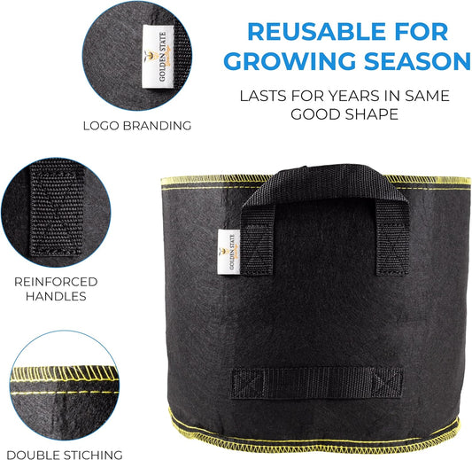 Grow Bags: 5-Pack (Size: 1 Gallon): 300gsm Black Felt Fabric w/Yellow Stitch, Biodegradable and eco-Friendly Material. (Handles + Dumping Handles-pat.Pend).