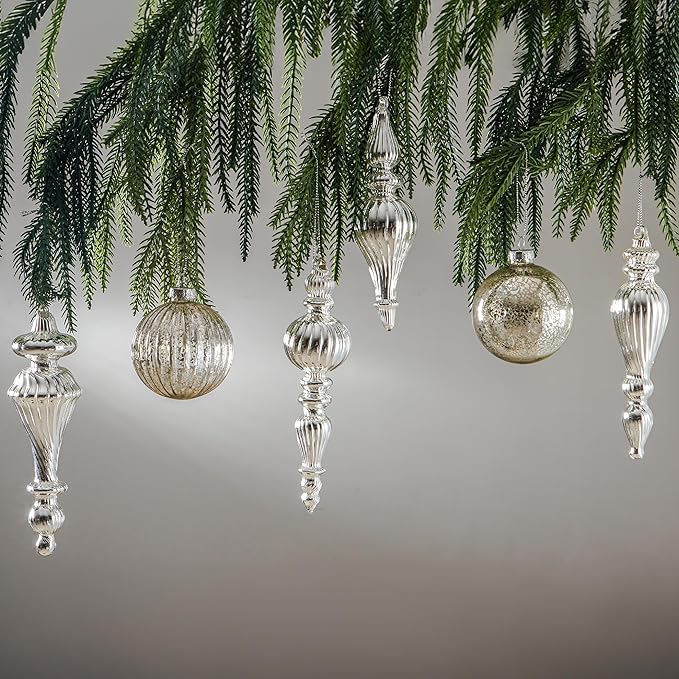 Mercury Glass Christmas Ornaments Silver Hanging Balls with Different Shapes for Xmas Tree Decor,Vintage Finials Luxury Christmas Decoration Hanging Bauble for Neutral Holiday Winter Wedding-Set Of 10