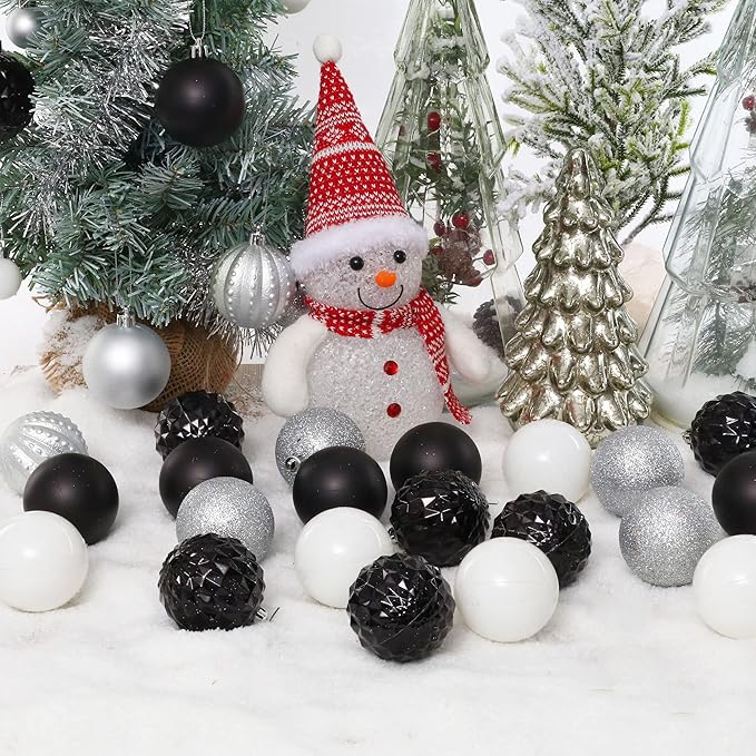 45Pcs 6cm Christmas Glitter Ball Ornaments, Shatterproof Plastic Xmas Tree Decorations for Holidays, Weddings, Parties - Black, White, Silver