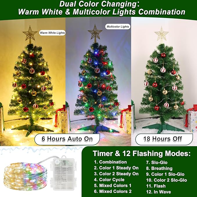 3FT Green Christmas Tree Tinsel with 50 Warm White & Multi Color Fariy Light 3D Star 15 Ball Ornament, 12 Light Modes Timer Battery Operated Small Artificial Full Xmas Tree Table Indoor Holiday Decor